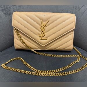 YSL Tan Quilted Wallet on Chain Bag